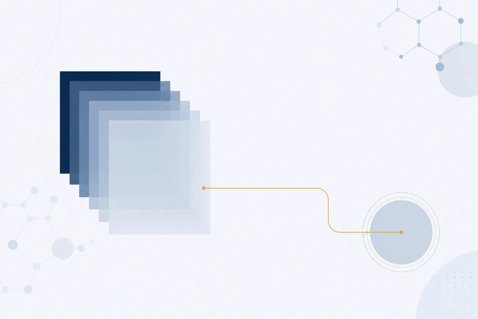 Abstract illustration: a neat stack of overlapping rectangular sheets, with a fine line travelling from it to a simple circular receiving point