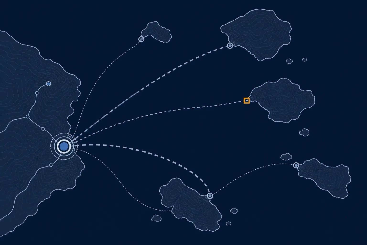 Abstract archipelago diagram: a mainland hub node linked to scattered island shapes by dashed sea routes, one route stopping at a holding point, in cool blues and greys with a single amber accent.