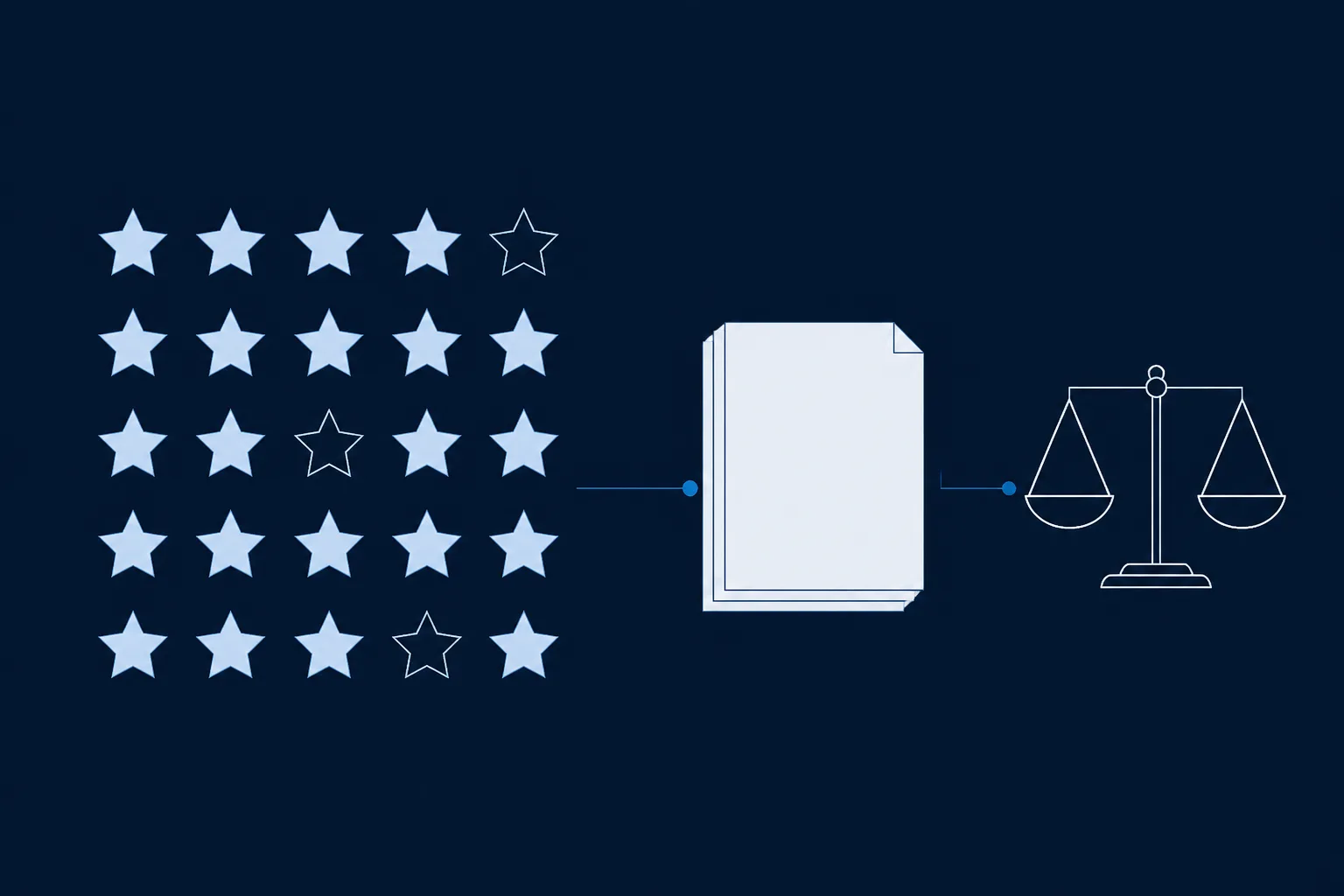 Abstract rendering of rows of identical star outlines, most filled evenly and a few empty, beside a small stack of plain document sheets linked by a thin line to a balance-scale outline.
