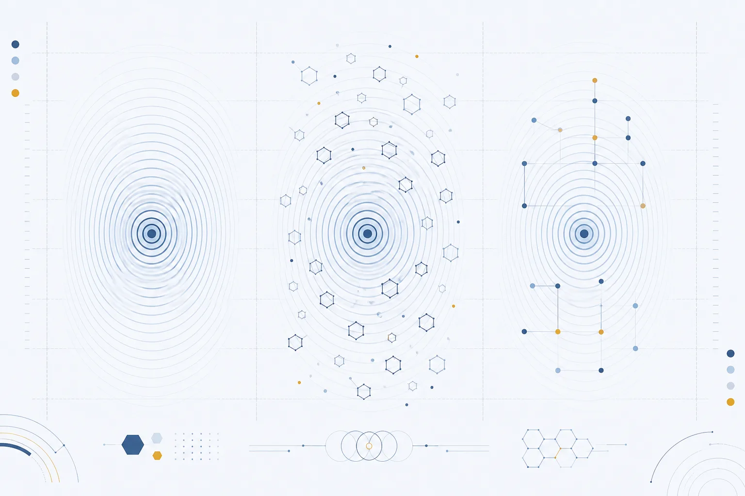 Abstract technical illustration of three columns of concentric water ripples, the middle column scattered with small hexagonal aromatic-ring motifs, set over a faint measurement grid