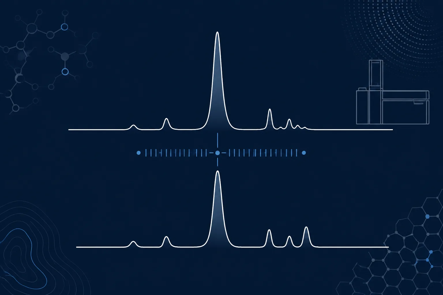 Abstract rendering of two analytical traces of the same compound from two different batches, with near-identical main peaks but visibly different minor peaks, joined by a batch identifier line.