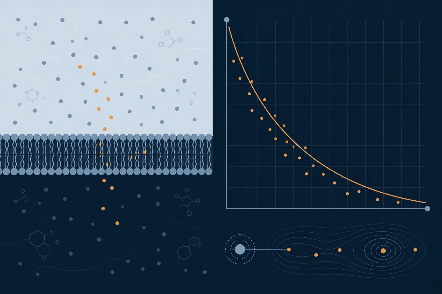 Abstract scientific illustration of a small molecule partitioning between an aqueous phase and a lipid interface, beside a descending logarithmic population curve.