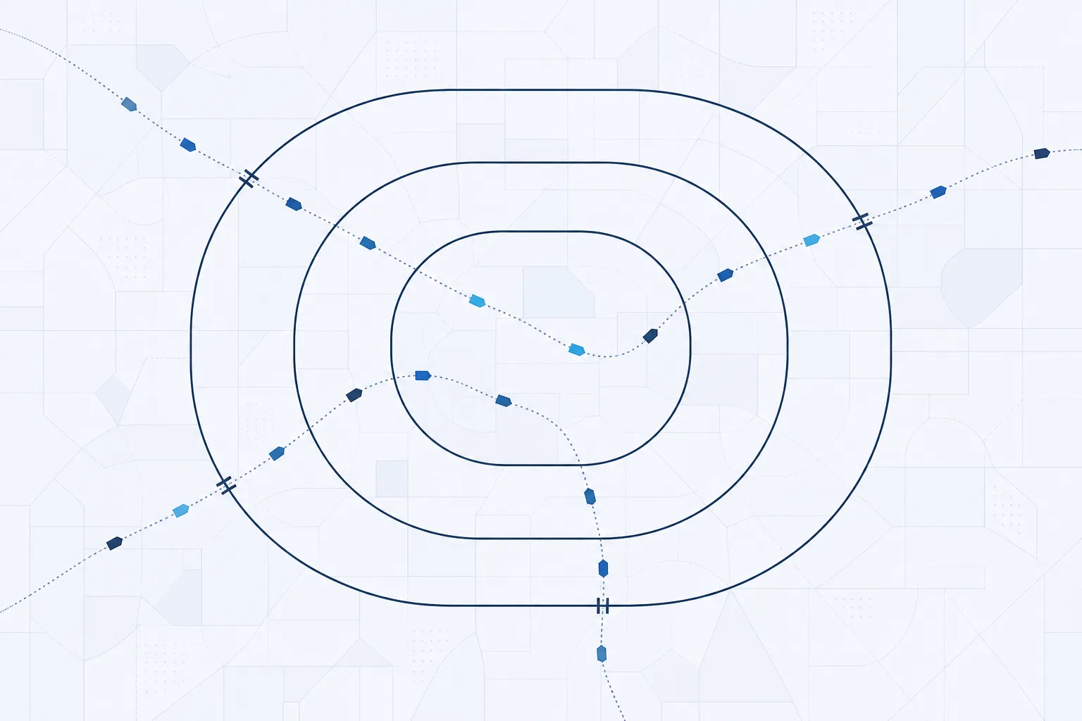 Abstract rendering of three concentric boundaries on a grid with no recognisable geography, small parcel-shaped blocks moving along dotted routes that cross one, two or three boundaries.