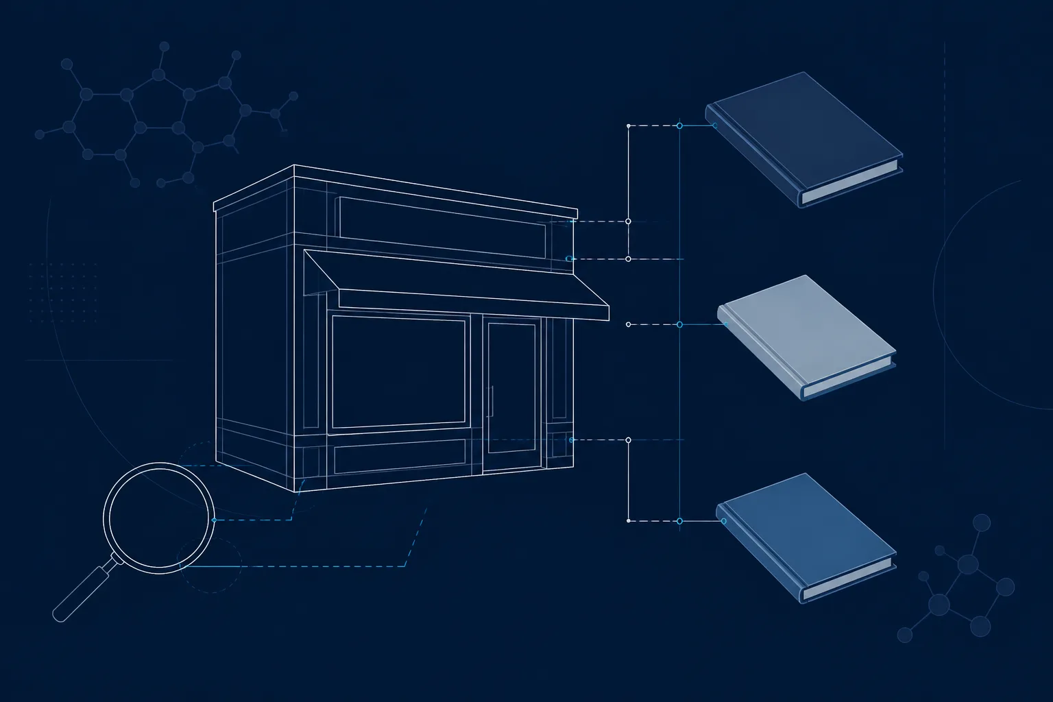 Abstract rendering of a simplified shop facade drawn as a wireframe, joined by thin measurement lines to three plain register-book shapes and a magnifying-lens outline.