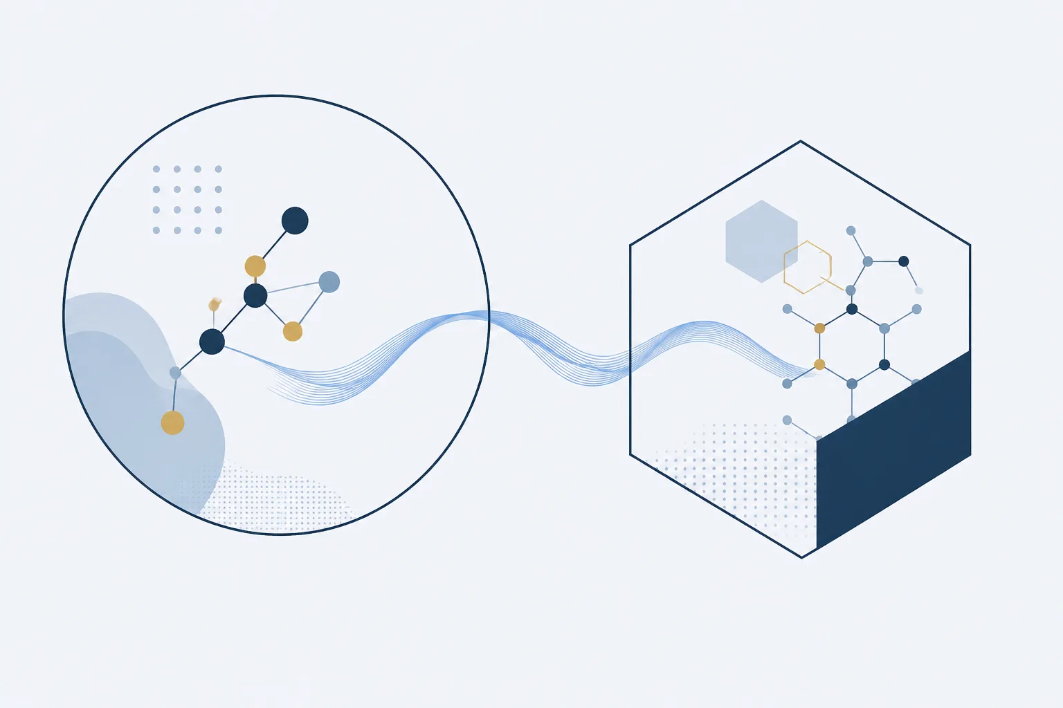Abstract illustration: a translucent line passes from an open circular field into a closed geometric enclosure, symbolising a product crossing from one legal category into another