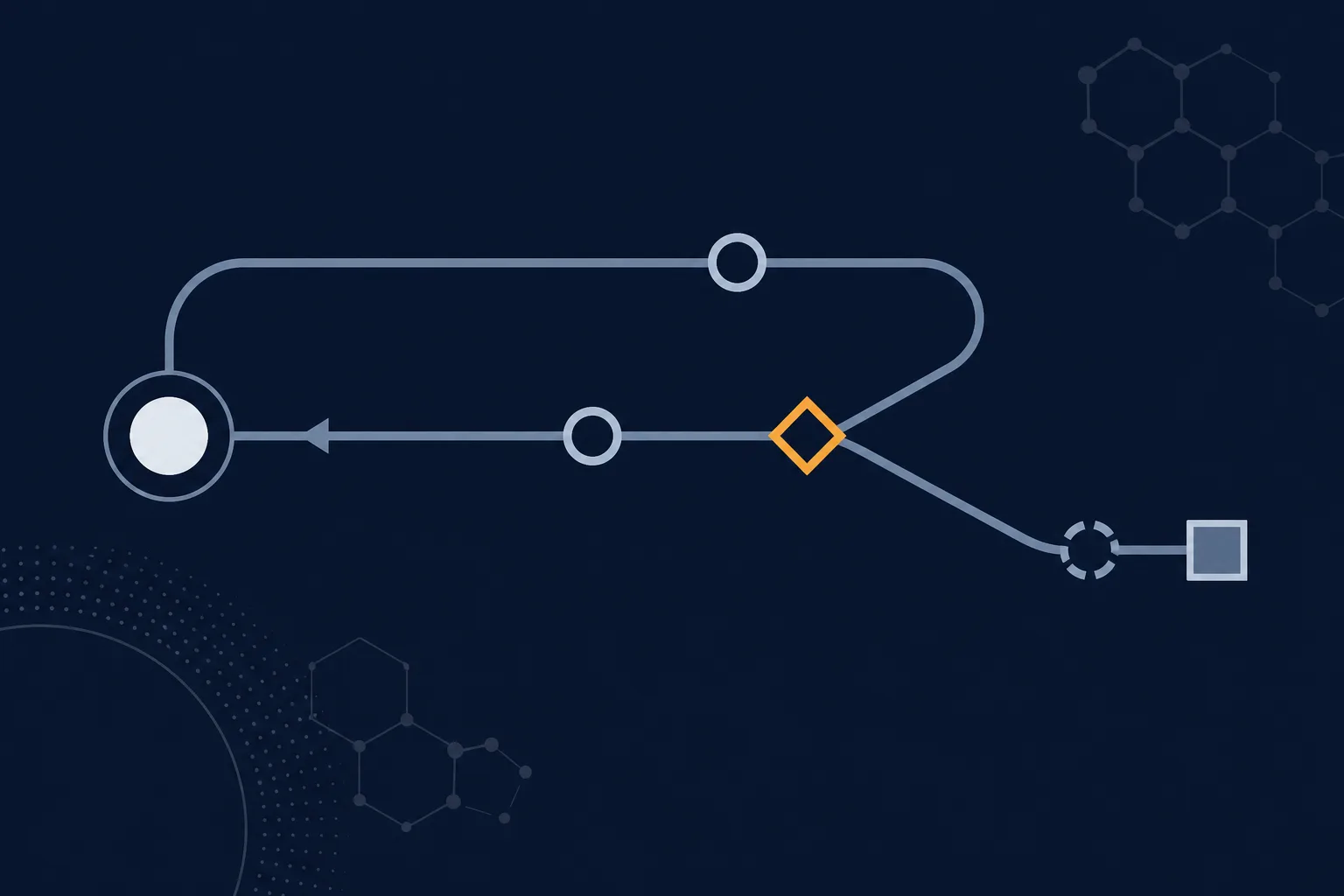 Abstract illustration of a reverse route: a line looping back toward its origin, interrupted by a gate with two branches, one continuing and one terminating, in cool blues and greys with a single amber accent.