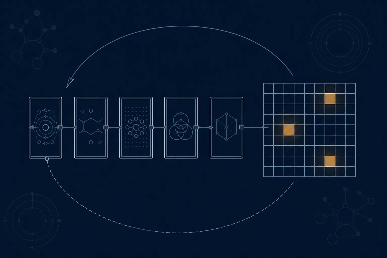 Abstract illustration of an accreditation procedure: a row of closed frames joined by fine lines, ending in a lit grid in which only a few cells are filled.