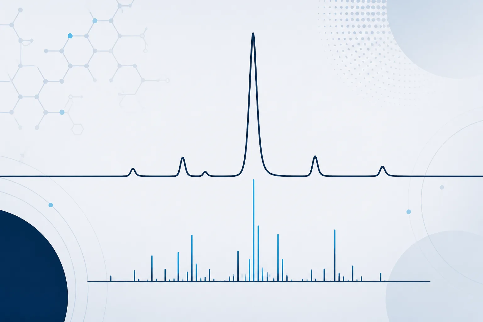 Schematic illustration of a reversed-phase chromatogram with one dominant peak and several smaller impurity peaks, beside an abstract representation of a mass spectrum.