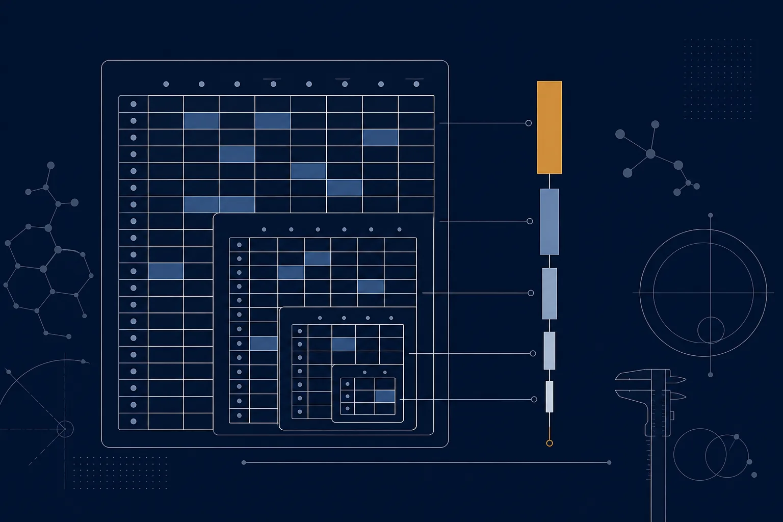 Abstract scientific illustration of a scope of accreditation: a technical matrix in which only certain cells are filled, linked by fine lines to a descending traceability chain.