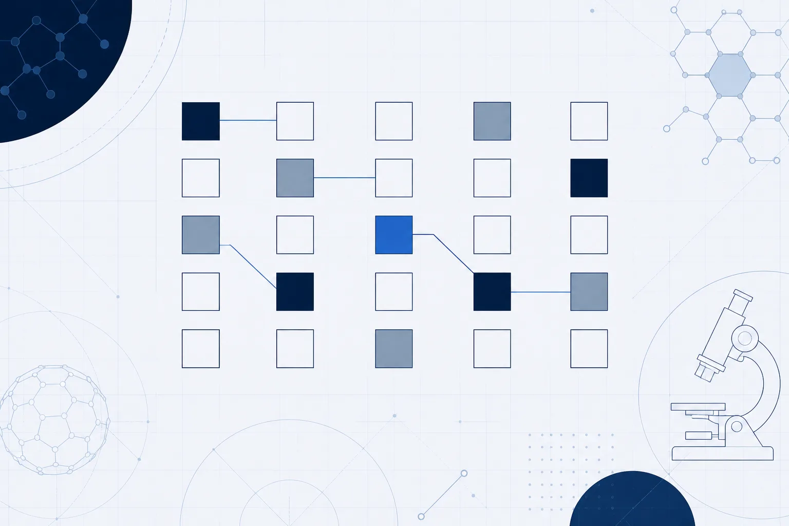 Abstract rendering of five parallel columns of square check fields on a technical-drafting grid, some fields filled in and others left empty.