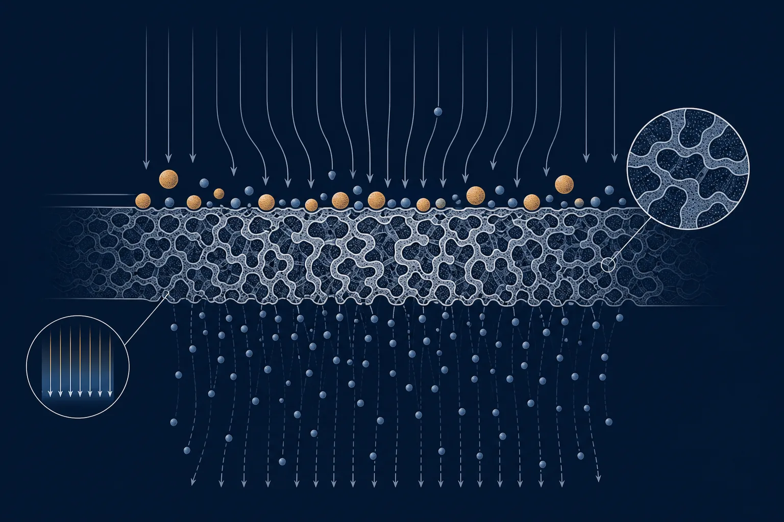 Abstract scientific illustration of membrane filtration in cross-section: a porous layer with irregular channels of varying width, small particles held at the surface while smaller ones pass through.