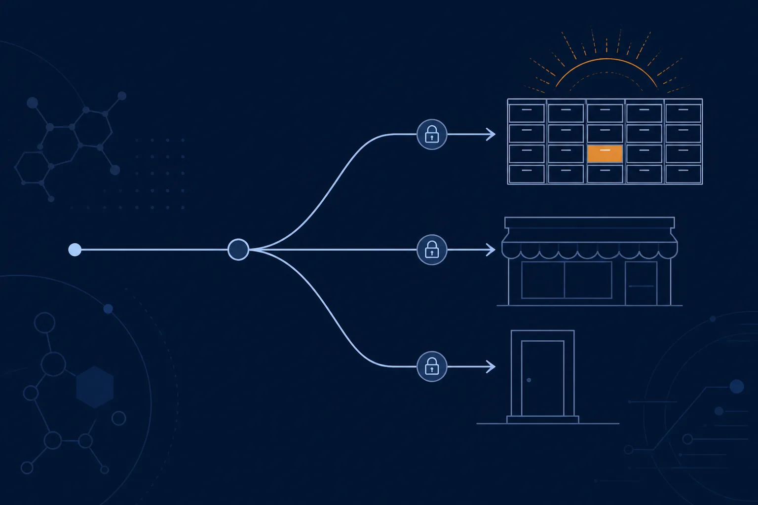 Abstract illustration of three delivery routes: one line ending at a rectangular grid of lockers, one at a simple building outline and one at a doorway, with a small lock symbol at each handover point, in cool blues and greys with a single amber accent.