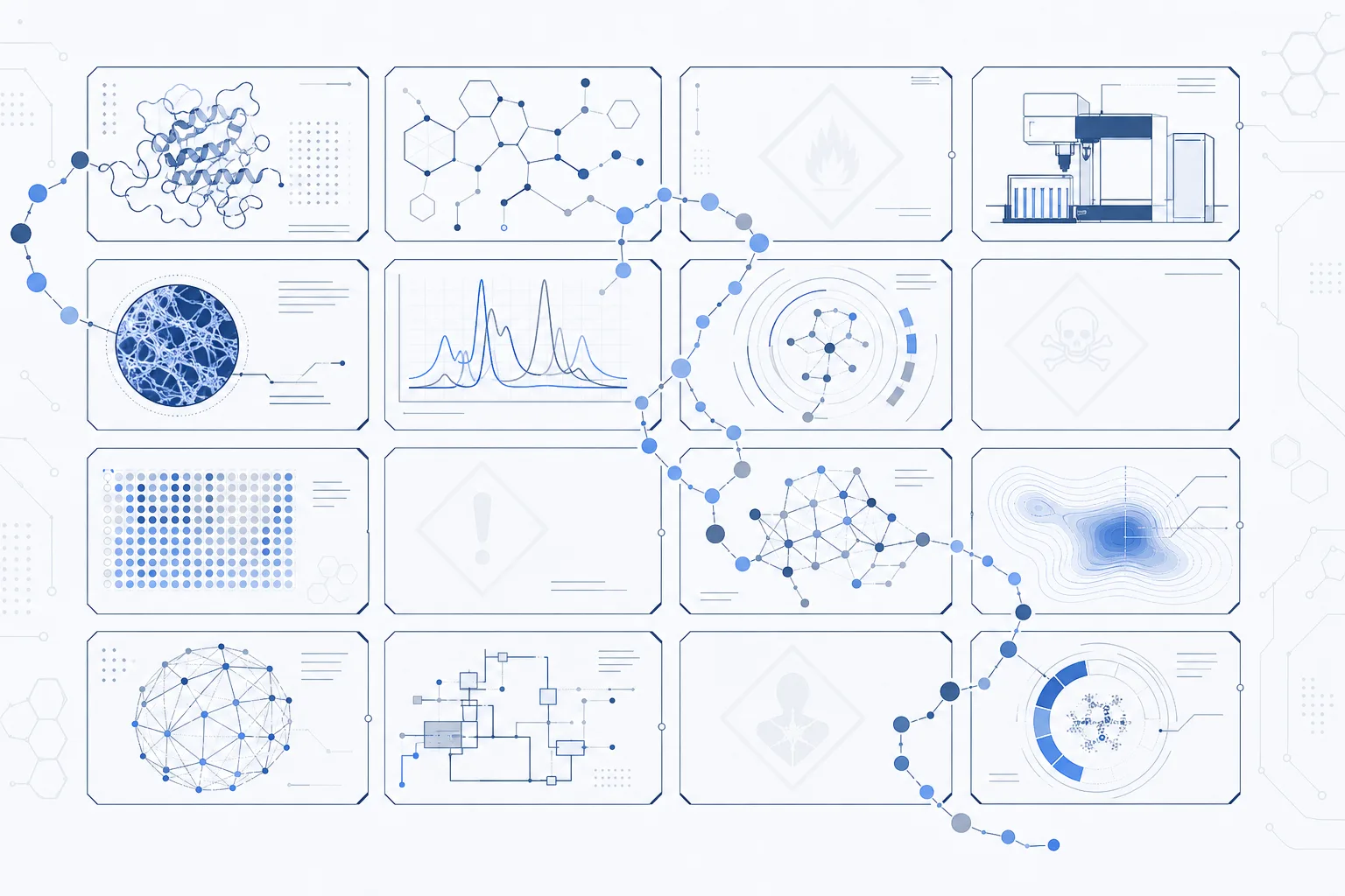 Abstract rendering of sixteen numbered document sections unfolding into a grid, with hazard diamonds and molecular outlines in cool tones
