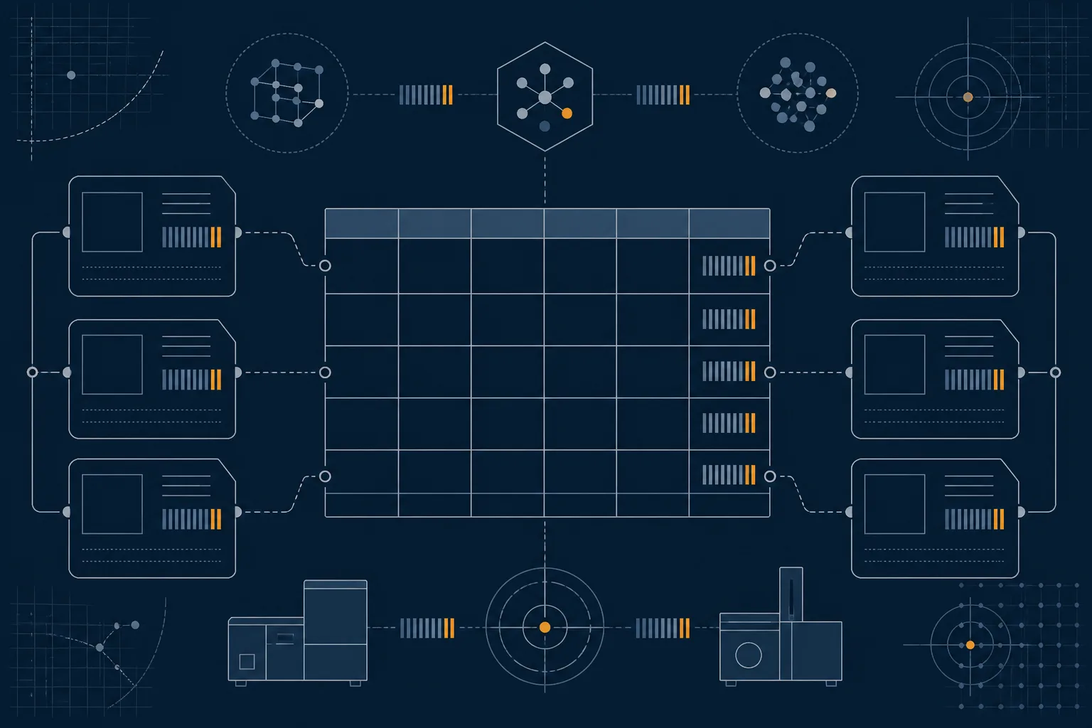 Abstract scientific illustration of a traceability chain: a grid of data fields joined by fine connecting lines, representing the link between batch code, certificate of analysis and inventory record.