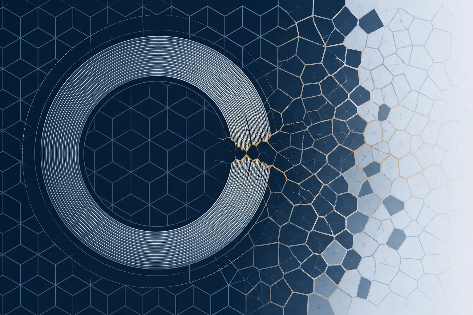 Abstract scientific illustration of packaging integrity: a circular band of fine concentric crimp lines broken at one point by a radial fracture, set over a lattice of geometric cells that shifts gradually from intact to disrupted.
