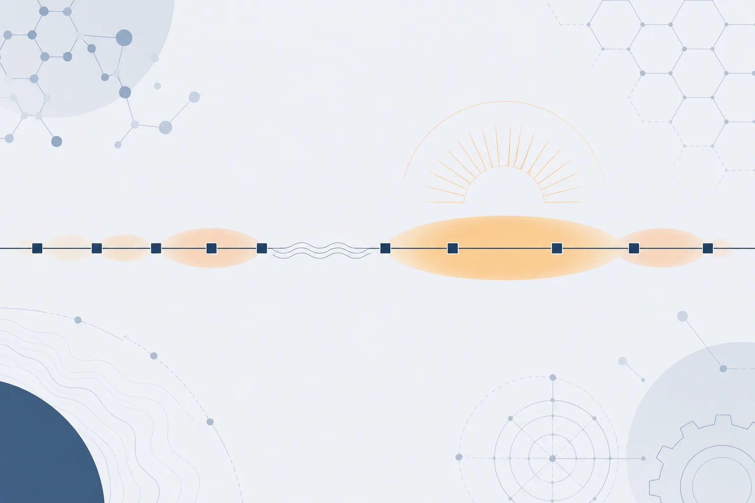 Abstract illustration of a route under heat: a horizontal line with successive stops, each marked by a warm colour field of different width, on a cool grey background with a single amber point.