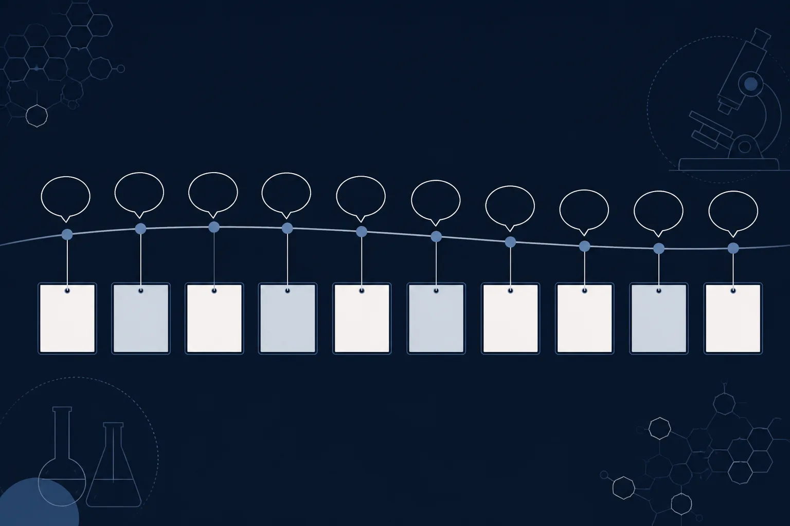 Abstract rendering of ten empty speech-bubble outlines in a curving row, each tied by a thin line to a filing card below, some shaded and some blank.