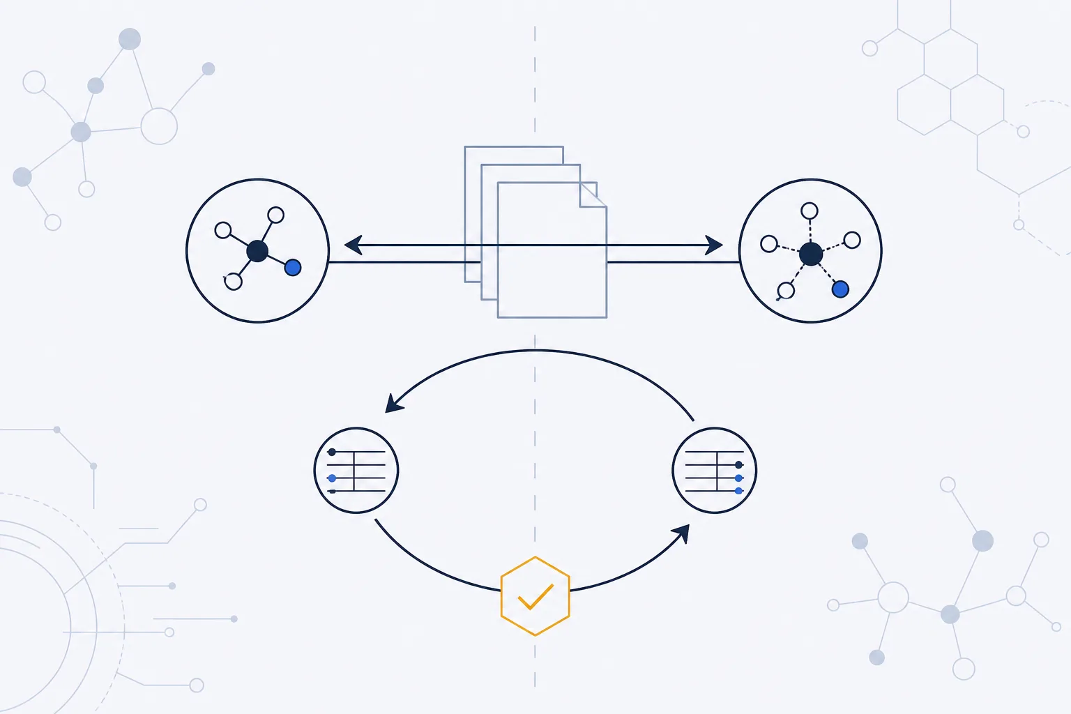 Abstract invoicing flow diagram: two identifier nodes joined by a double-headed link above stacked document outlines, with a closed debit-and-credit loop returning to the same node, in cool blues and greys with a single amber verification point