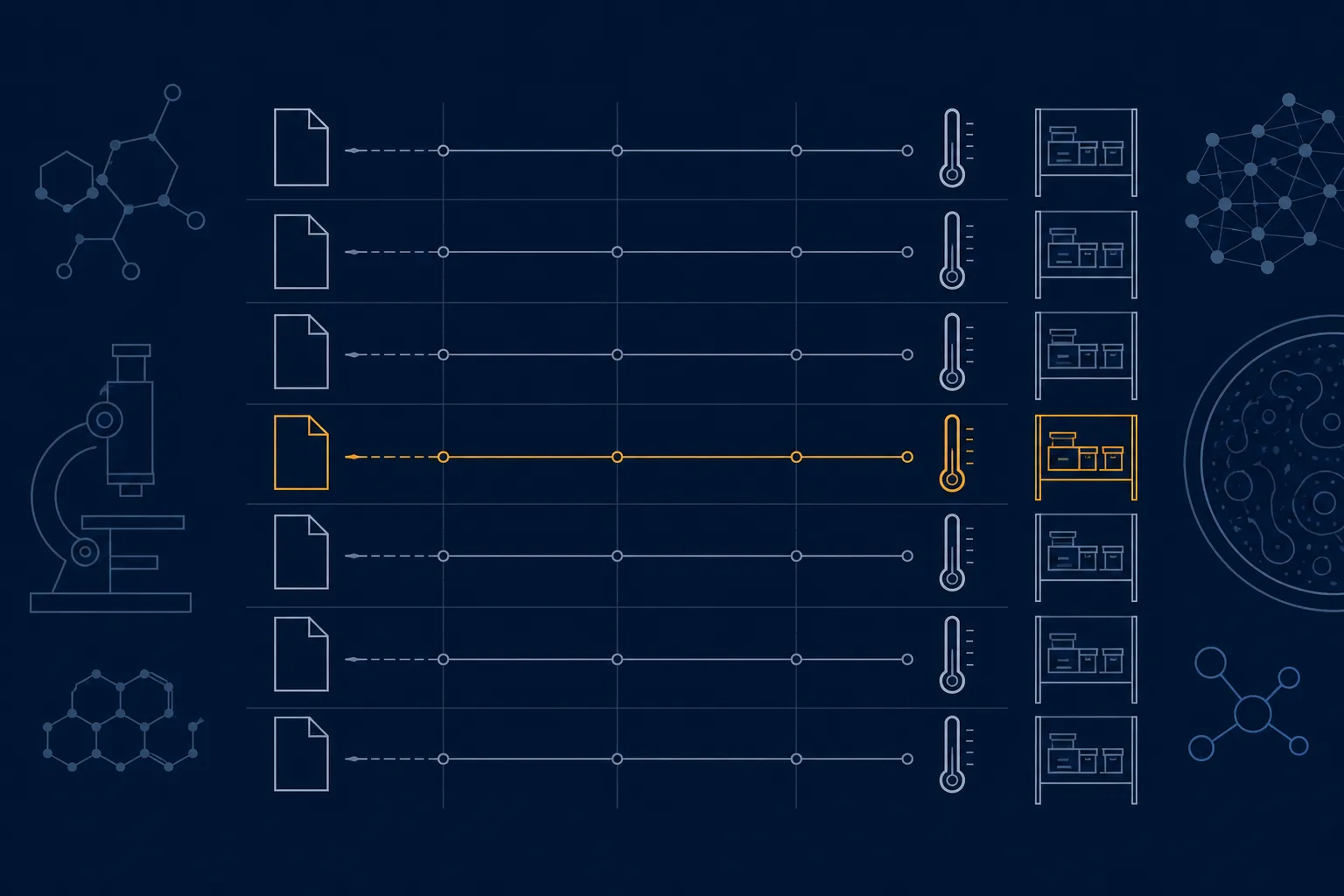 Abstract illustration of a register: a grid of horizontal rows, each linked by fine threads to small document outlines and to a temperature gauge shape, on a pale background.