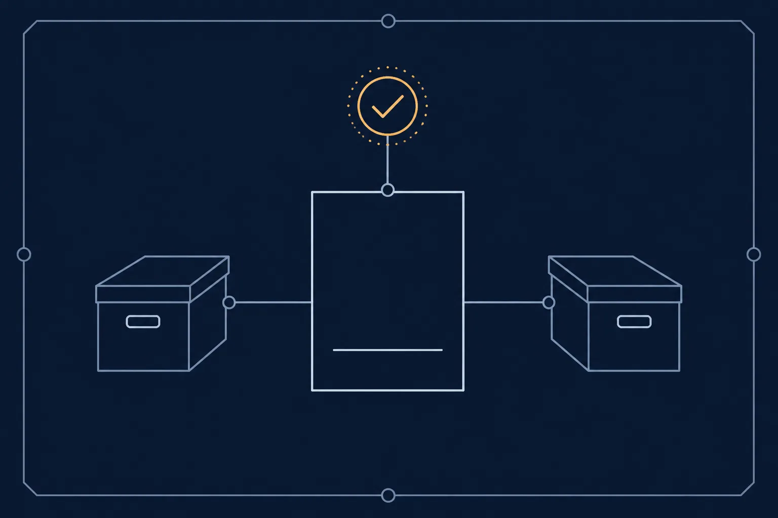 Abstract illustration of a declaration document: a plain rectangular outline with a horizontal signature line, linked to two archive boxes on opposite sides, with a small circular verification mark.